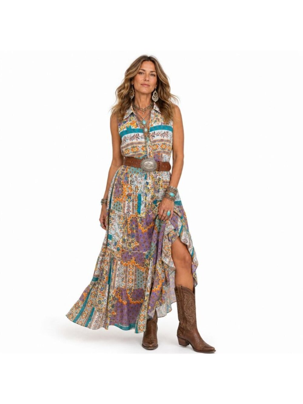 Anthropologie Figueroa & Flower Sleeveless Mix Print Maxi Dress Patchwork Women